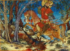 Бахрам Гур, убивший волка. Миниатюра. «Шахнаме Демотта» 1328-36гг. Кембридж, Музей Фогга